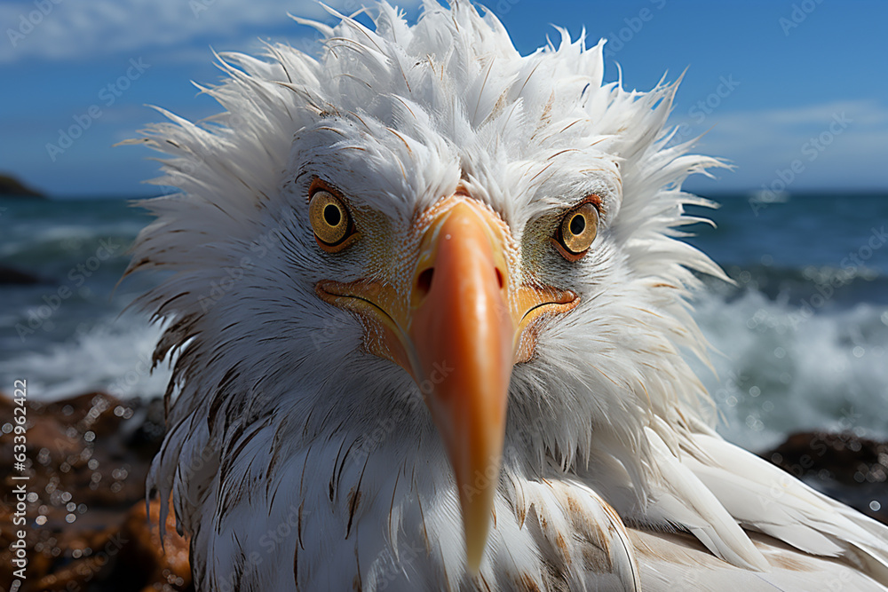 Poster a photograph of a gull meticulously preening its feathers, maintaining its sleek appearance amidst t
