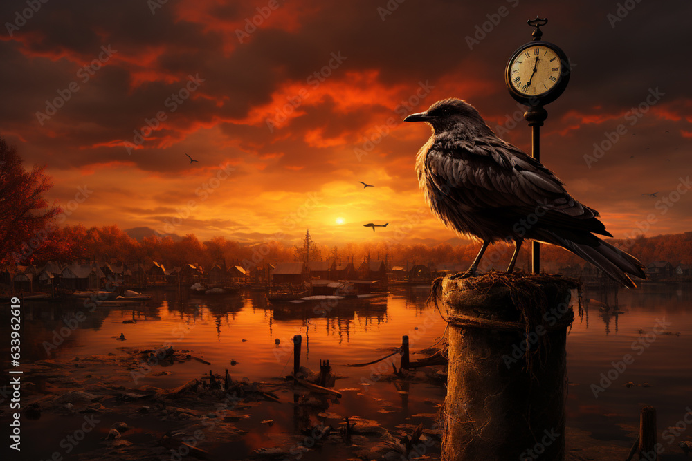 Poster An artistic portrayal of a gull perched on a post against a fiery sunset sky, creating a serene and poetic scene.  Generative AI technology.
