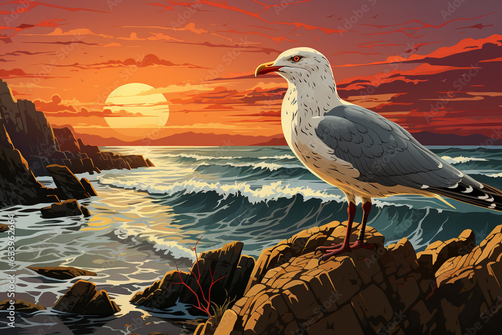 Poster an image of a gull confidently balanced on a rocky ledge overlooking the sea, demonstrating its adap
