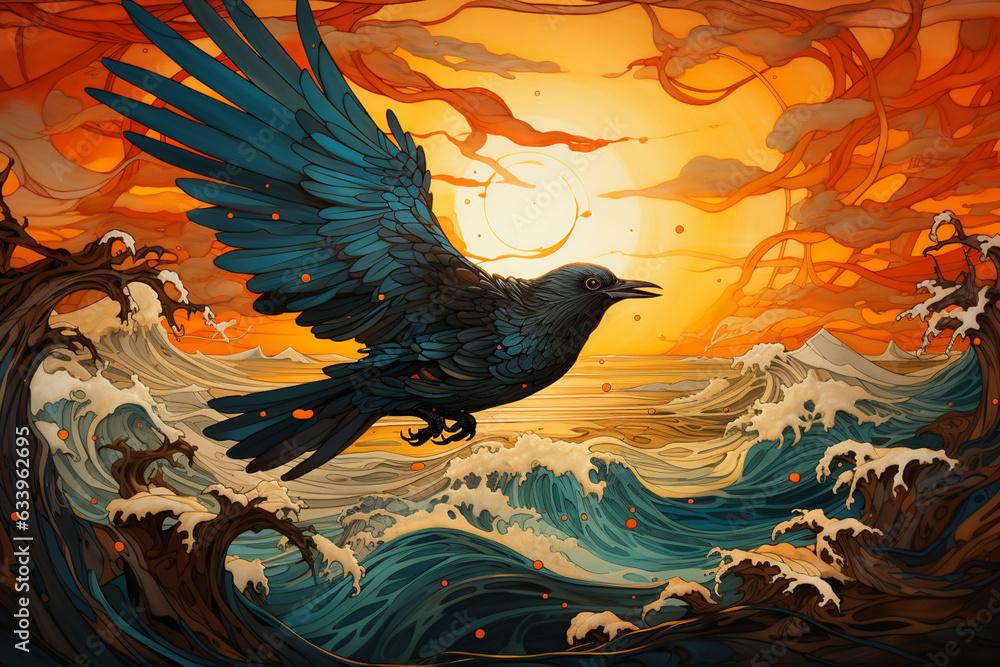Aufkleber an image capturing a gull soaring gracefully above the shoreline, with wings outstretched against th