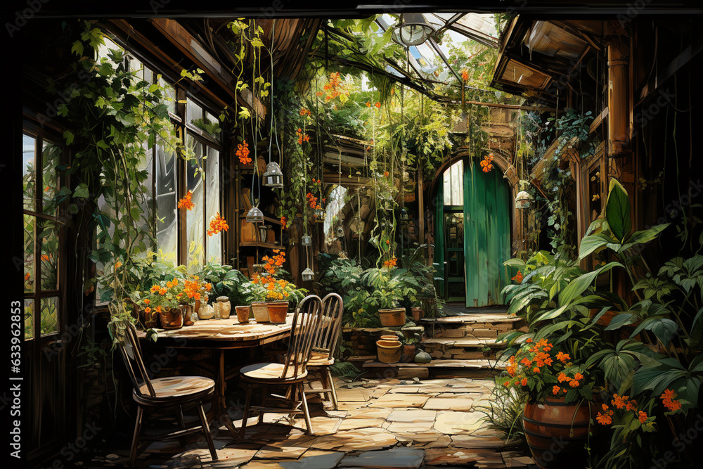 Aufkleber a view of lush green foliage cascading from hanging baskets, creating a picturesque natural curtain.