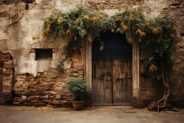 Naklejka premium Generative AI - Veiled Nostalgia: Rustic Wooden Door