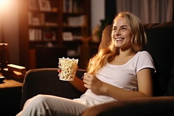woman in front of television eating popcorn