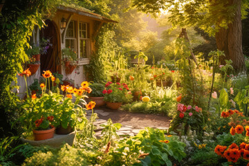 Fototapeta na wymiar cottage nestled amidst a bountiful garden. Generative AI