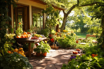 Obraz premium cottage nestled amidst a bountiful garden. Generative AI