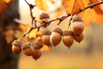 Hazelnuts on a branch close-up on an autumn background