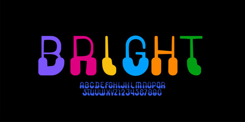 Hand drawn playful bright font, alphabet in the kids style, fun rounded multi-colored letters and numbers in doodle style, vector illustration 10EPS