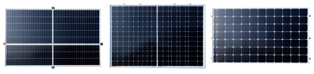 Three different solar panel photographed from above, solar energy, green energy, isolated - obrazy, fototapety, plakaty