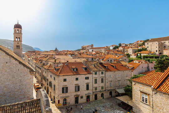 Dubrovnik, Croatia 07-29-2023 The UNCESO world heritage old town of Dubrovnik with fortified walls with spectacular views from the walls over the old town, the narrow streets and the Adriatic sea.