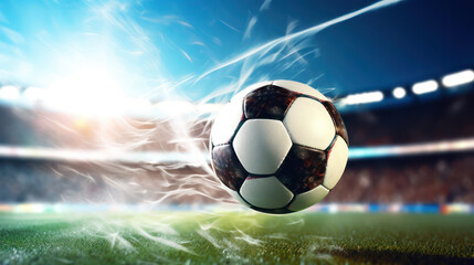Soccer ball flying inside soccer stadium