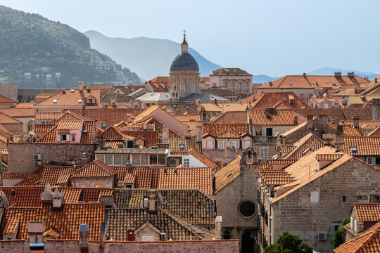 Dubrovnik, Croatia 07-29-2023 The UNCESO world heritage old town of Dubrovnik with fortified walls with spectacular views from the walls over the old town, the narrow streets and the Adriatic sea.