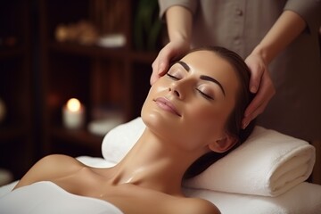 Obraz na płótnie Canvas young woman receiving facial massage at spa