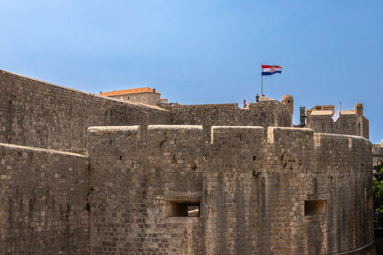 Dubrovnik, Croatia 07-29-2023 The UNCESO world heritage old town of Dubrovnik with fortified walls with spectacular views from the walls over the old town, the narrow streets and the Adriatic sea.