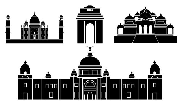 India landmark black silhouette vector illustration, set isolated on white background.
