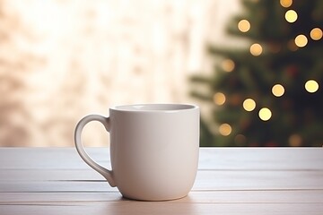 Blank white mug mockup, Christmas background, Generative AI
