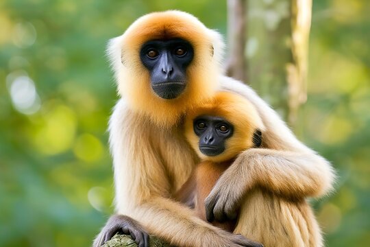 Close image of Cheeked Gibbon monkey mother with a child in the forest. 
