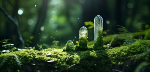 Crystals with moon phases image of moss in a mysterious forest, natural background. 