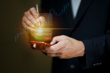 business finance and investment with a captivating data analysis concept, businessman using laptop and tablet to analyze market data, plan strategies, and conduct market research.