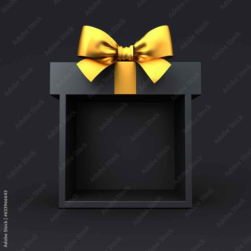 Aufkleber blank black gift box product display showcase mock up stand with gold ribbon bow isolated on dark ba