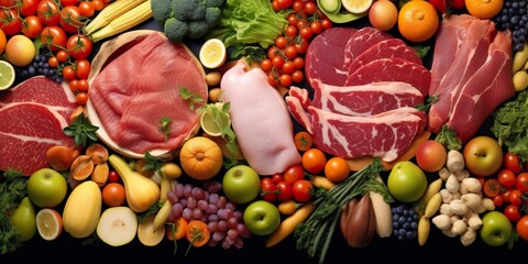 Different types of meats, vegetables, and fruits lay in supermarkets.  - obrazy, fototapety, plakaty