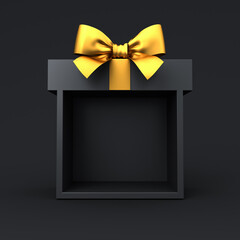 Blank black gift box product display showcase mock up stand with gold ribbon bow isolated on dark background minimal black friday super sale creative idea concepts 3D rendering