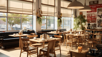 Nostalgic Café: A charming café scene with vintage-style roller blinds, evoking a sense of nostalgia and warmth, creating an inviting atmosphere 