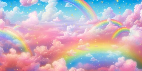 Fototapeta na wymiar Fantasy sky rainbow. Fairy skies rainbows colors, magic landscape and dream sky. 