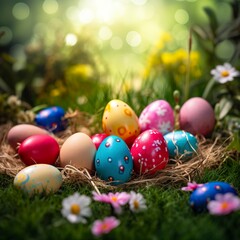Fototapeta na wymiar Easter colored eggs natural background, 