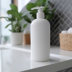 Fototapeta na wymiar A white bottle of shampoo stands on the table in bathroom. 