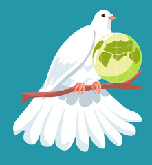 Dove on branch with globe, peace and calmness