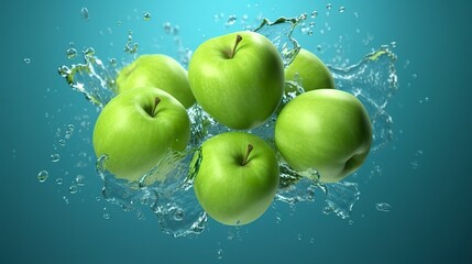 Fresh green apples fall into the water with a splash on blue background. 