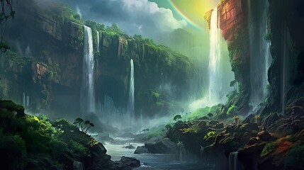 waterfall in the middle of the wonderland landscape. Generative AI