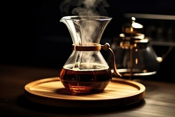 An alternative coffee brewing method is pure over, a glass teapot on a wooden tray. Generative AI