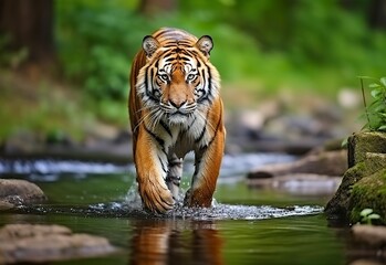 Amur tiger walking in the water. Dangerous animal.  Animal in a green forest stream. Generative AI