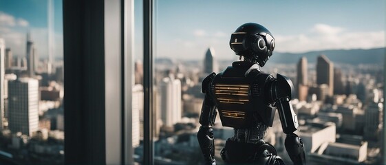 Robot, seen from behind, looking at city from large window.