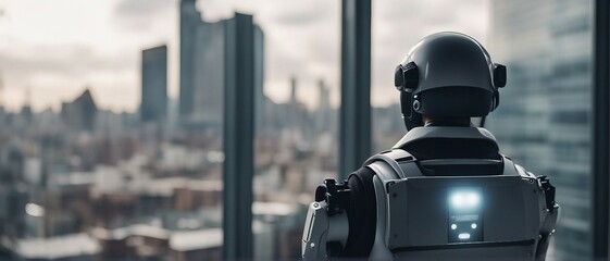 Robot, seen from behind, looking at city from large window. - obrazy, fototapety, plakaty
