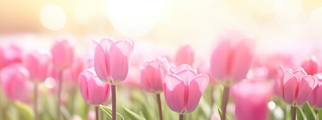 Beautiful pink Tulip on a blurred spring sunny background. Generative AI