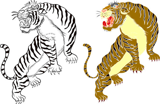 Tiger Sticker tattoo design,Cartoon tiger on black background.traditional tattoo tiger head.