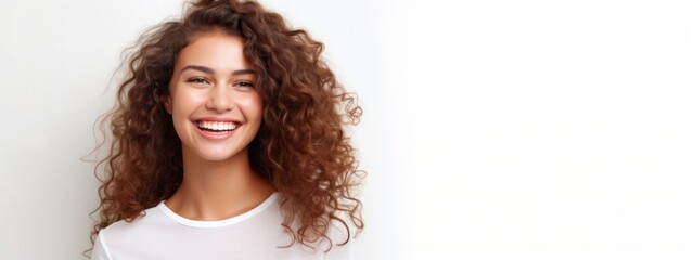 healthy beauty woman skincare teen young happiness woman smiling cheerful comb hair style bright and shine facial healthy skin studio shot on white background,ai generate - obrazy, fototapety, plakaty