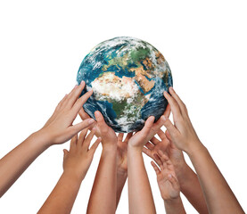 Many children hands holding planet earth isolated on white background - 633968634