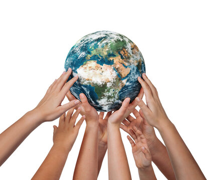 Many children hands holding planet earth isolated on white background