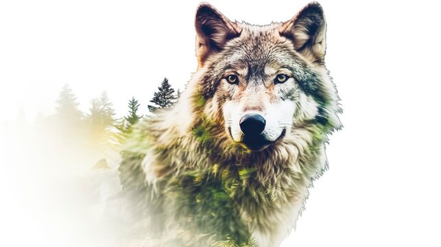 An alpha wolf and the spectacular colorful nature and green forest, clean sharp focus, on white background, double exposure photography. 