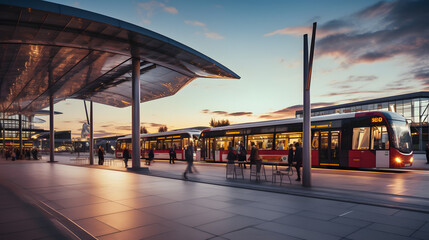 Image of a bus station with multiple travel buses waiting for passengers.