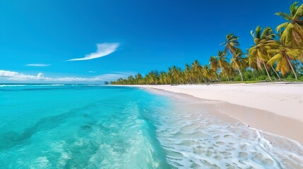 Tropical paradise beach with white sand and crystal clear blue water. Beautiful natural summer vacation holidays background. Travel tourism wide panorama background concept. AI Generative