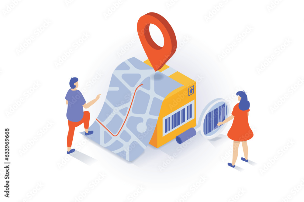 Poster transportation and logistics concept in 3d isometric design. people searching parcel with barcode an