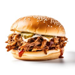 Pulled Pork Sandwich on plain white background - product photography