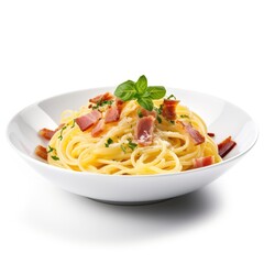 Spaghetti Carbonara on plain white background - product photography