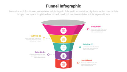 funnel shape infographics template diagram with 3d cylinder funnels and 5 point step creative design for slide presentation - obrazy, fototapety, plakaty