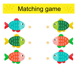 Matching game. Task for the development of attention and logic. Cartoon fish.