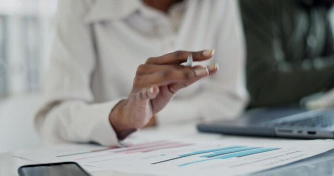 Paperwork, pen or hands of person nervous, stress or thinking of data analysis, insight review or finance accounting. Financial assessment, closeup and accountant fidget, audit and reading statistics